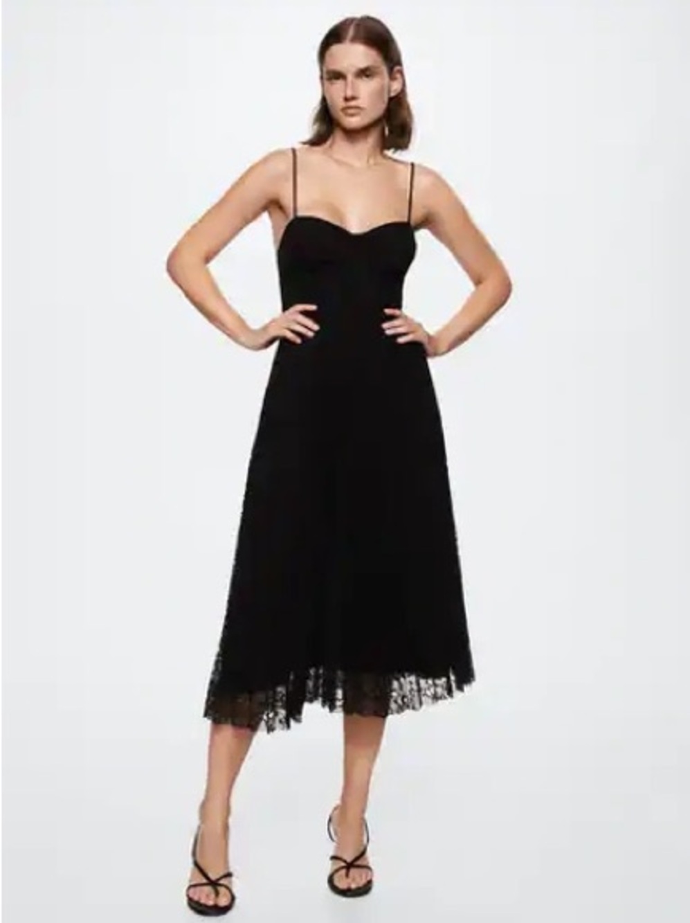 MANGO Black Lace Pleated Midi Dress with Bustier